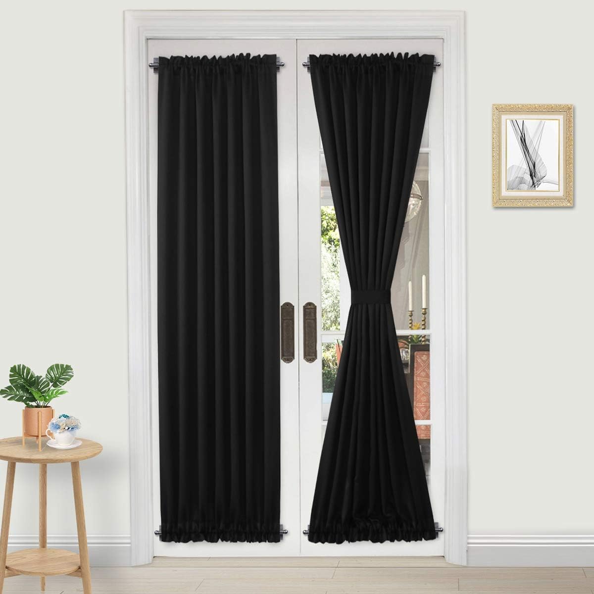 DWCN French Door Curtains – Rod Pocket Thermal Blackout Curtain for Doors with Glass Window, Kitchen and Patio Doors for Privacy, 23 X 72 Inches Long, 1 Curtain Panel with Tieback, Black