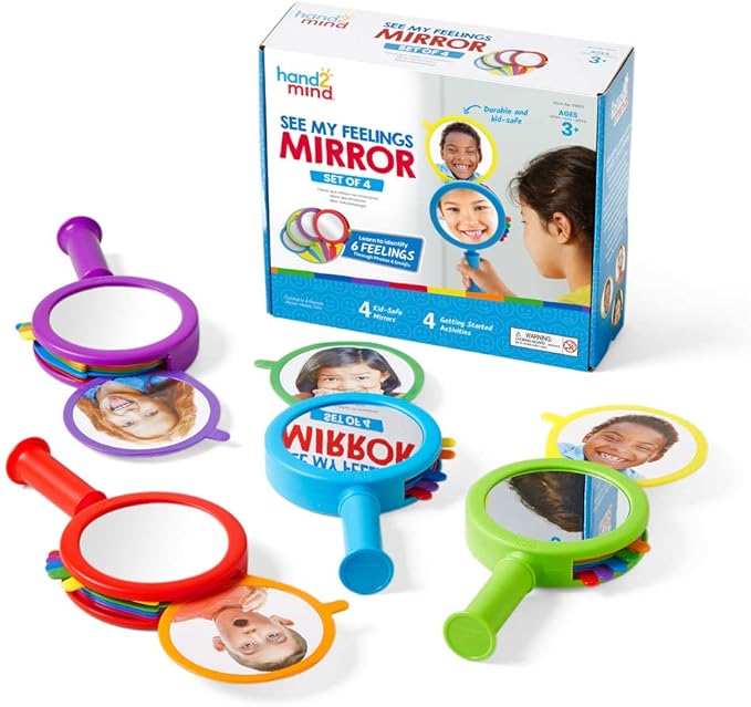 hand2mind See My Feelings Mirror (Set of 4) and Sensory Fidget Tubes (Set of 4) | Calming and Anxiety Relief Toys for Kids
