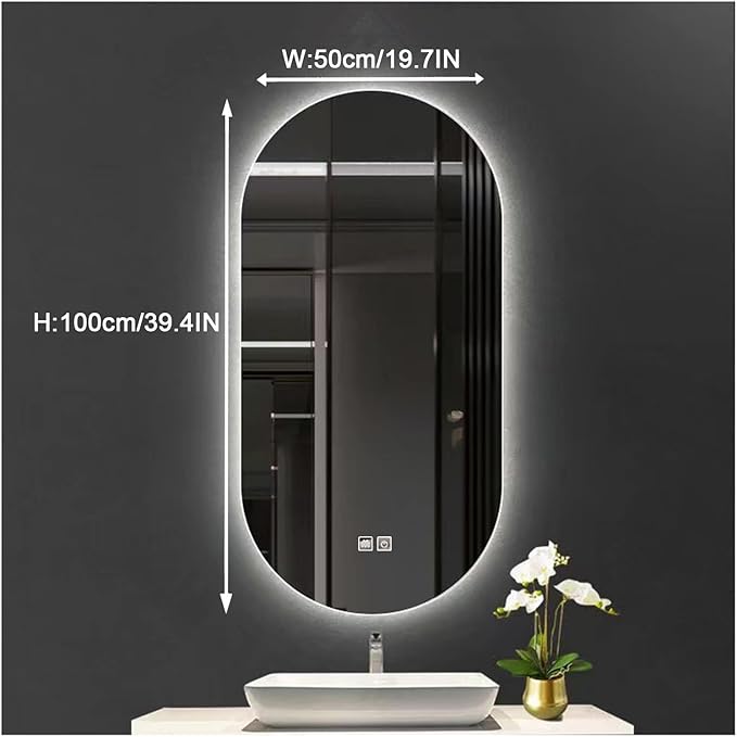 Bathroom Led Mirror ，Bathroom Mirror with LED Lights，Backlit Bathroom Mirror ，LED Mirror for Bathroom，Backlit Lighted Makeup Mirror，with Touch Sensor/Dimming/Demister pad(A,H100*W50cm/H39.4*W19.7IN)