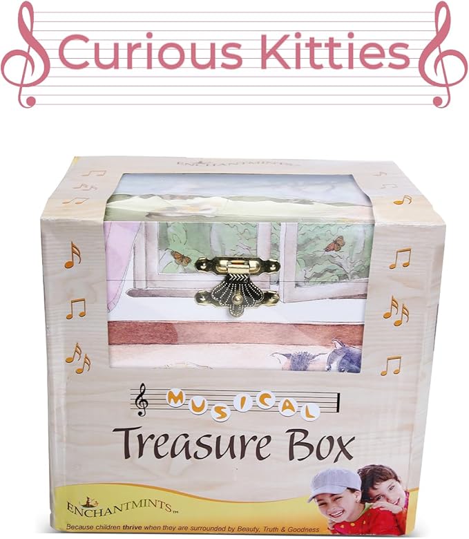 Curious Kittens Musical Jewelry Box Cat Spins to Ode to Joy 3 Pullout Drawers Treasure Storage