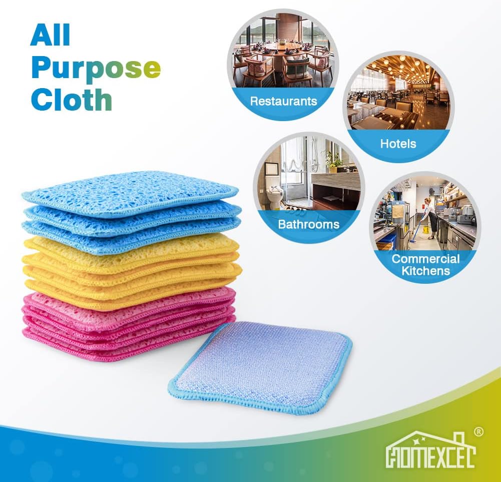 HOMEXCEL 12 Pack Scrub & Wipe Cloths, Dual-Sided Sponges for Kitchen, All-Purpose Cloth for Dishes, Pots, Pans, Non-Stick Cookware, Countertops (Red, Yellow, Blue)