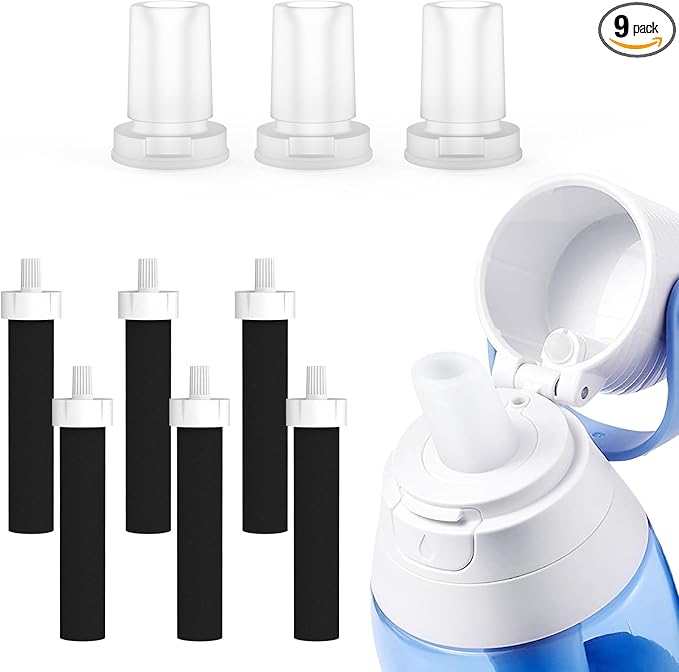 GLACIER FRESH Bite Valve and Filter Replacement for Brita Water Bottle - 6 Pack Filters and 3 Pack Silicone Mouthpieces for Stainless Steel and Plastic Bottles