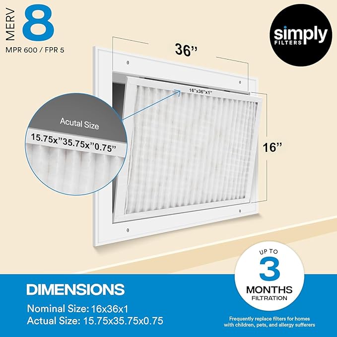 Simply 16x36x1 Air Furnace Filter For HVAC, Merv 8, 6 Pack (Actual Size: 15.75"x35.75"x0.75") DUST, Pet, & Allergy Control,