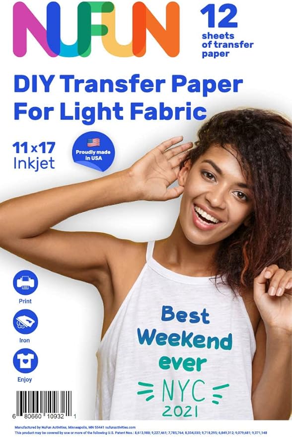 NuFun Activities Inkjet Printable Iron-On Heat Tshirt Transfer Paper 11x17 (12, Light Fabrics)