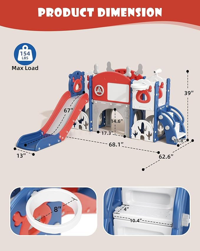 XJD 13 in 1 Toddler Slide Set, Kids Slide for Toddlers Age 1+, New Upgrade with Golf Set, Basketball Hoop, Drawing Board for Indoor Outdoor Playset,Toddler Playground (Blue Red)