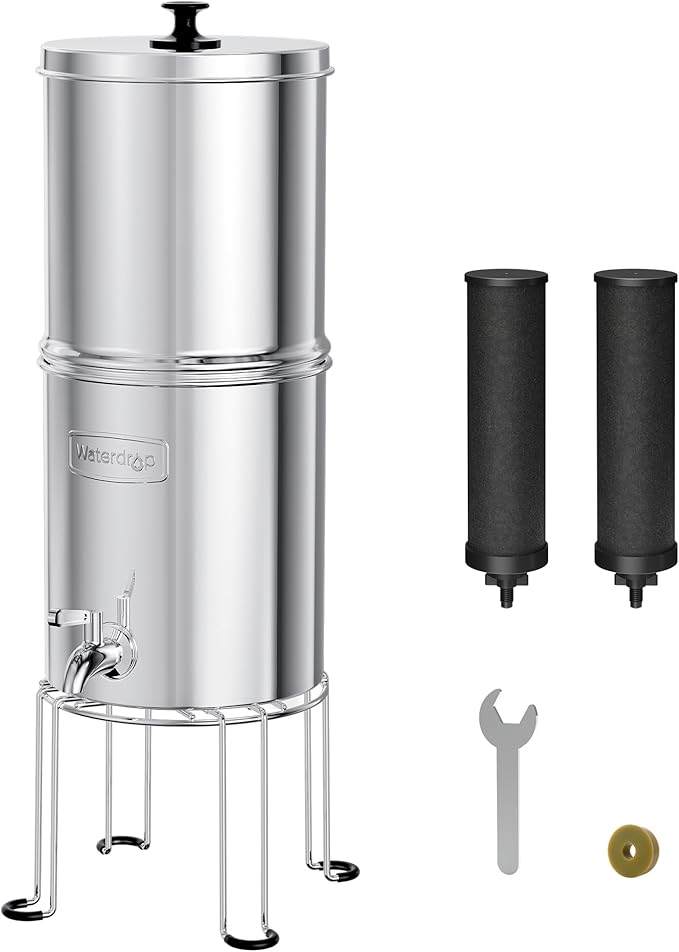 Waterdrop Gravity-fed Water Filtration System, NSF/ANSI 42&372 Certified Black Carbon Filters, Reduce Lead and Up to 99% Chlorine, with Stainless Steel Stand, 1.5 Gallons
