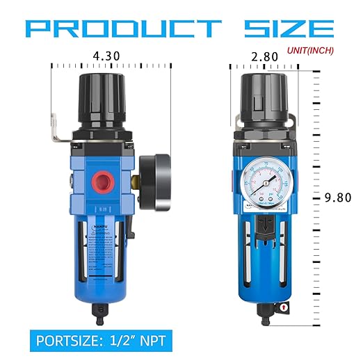NANPU 1/2" NPT Compressed Air Filter Regulator Combo Piggyback, 5 Micron Brass Element, Poly Bowl, Manual Drain, Metal Bracket, 0-150 psi Gauge - AW4000-04M