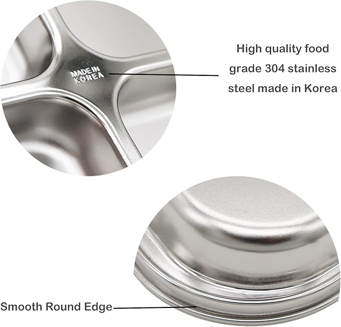 Korean Stainless Steel Divided Plates by KS&E, Little Kids Toddlers Babies Tray, BPA Free, Diet Food Control, Compact Serving Platter, Dinner Snack, 4 Compartment Plate Silver, Set of 2