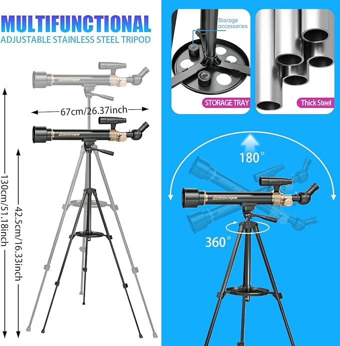 Telescope for Kids& Adults with 60X/30X Lenses, Adjustable Alloy Tripod, Mobile Phone Holder, 360° Gimbal Mount for Stargazing and Nature Viewing,Suitable for Astronomy Enthusiasts