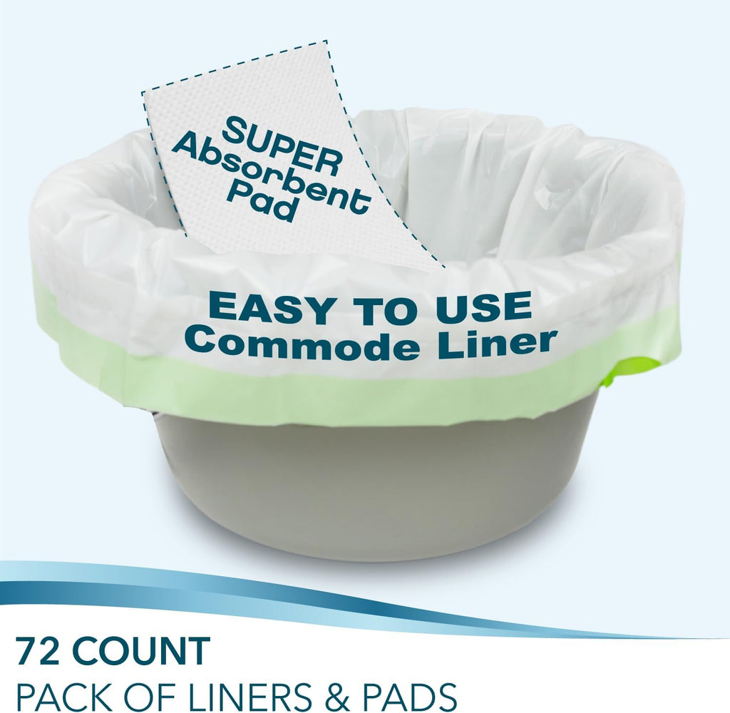 Disposable Bedside Commode Liners and Pads for Portable Toilet Chair Seat Bucket and Bedpan | Combo Pack of 72 Waste Bags and 72 Absorbent Pads | Universal Fit