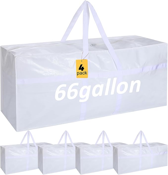 4 Pcs 66 Gallon Large Moving Bags with Zipper and Handles Foldable Storage Duffle Bags Heavy Duty Extra Large Totes for College Dorm Travel Clothes Blankets Bedding Moving(White)