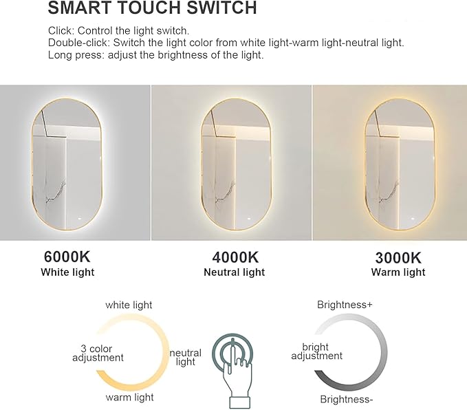 Oval LED Illuminated Bathroom Mirror, Wall-mounted Vanity Makeup Mirror with Demister Pad, 3 Dimmable Color Temperatures & Touch Control, Metal Frame Anti-Fog Lighted Wall Mirror ( Color : Golden Fram