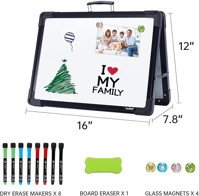 Small Dry Erase White Board – TANKEE Magnetic Desktop Foldable Whiteboard Portable Mini Easel Double Sided on Table Top with Holder for Drawing, Teacher Instruction, Memo Board