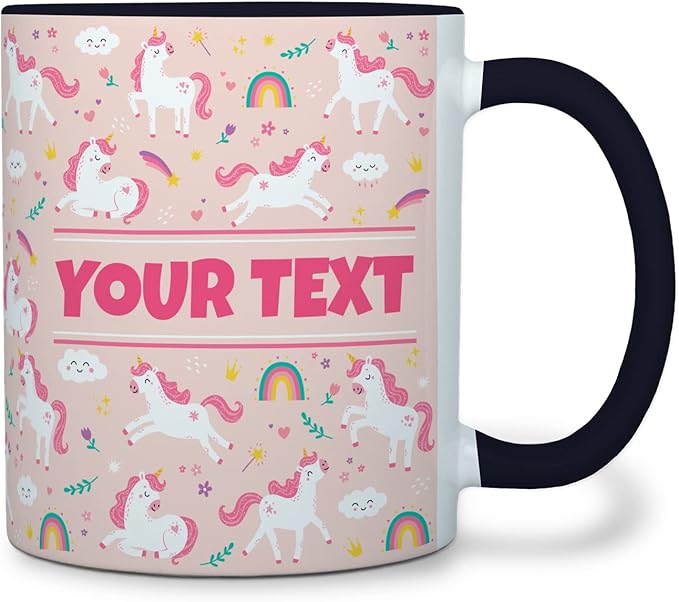 Personalized Mug for Kids - Pink Unicorn - Custom Name/Text, Ceramic Hot Chocolate/Cocoa/Coffee Cup for Girls, Birthday/Christmas/Holiday Gift - 11 oz, Black Handle