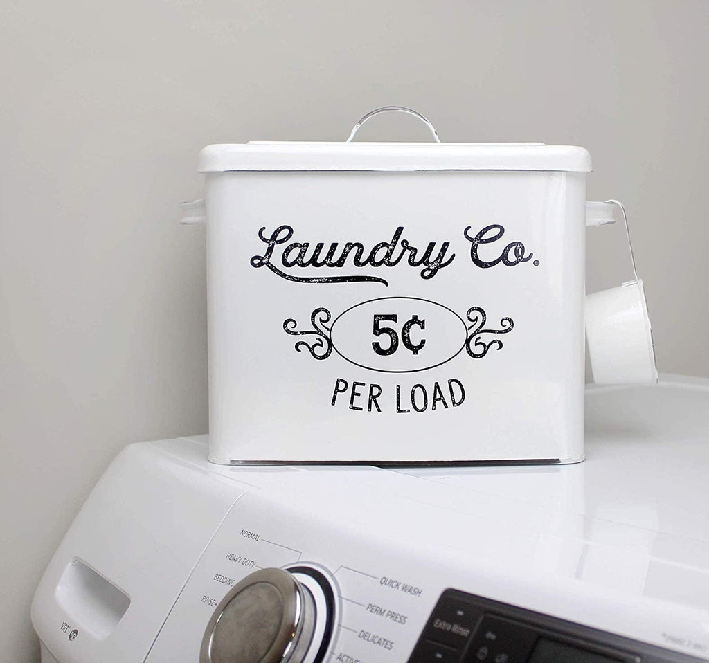 AuldHome Design Farmhouse Laundry Powder Container, White Enamelware Detergent Bin w/ Scoop
