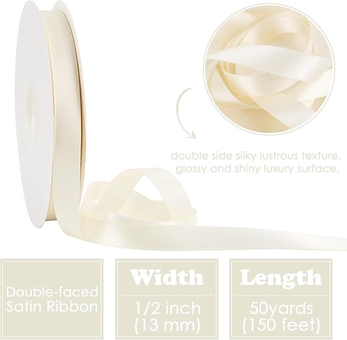 HUIHUANG Ivory Satin Ribbon 1/2 inch X 50 Yards Continuous, Off-White Double-Faced Satin Ribbon for Gift Wrapping, Bows, DIY Crafts, Flower Bouquet, Wedding Bridal Shower Decor, Flower Crowns