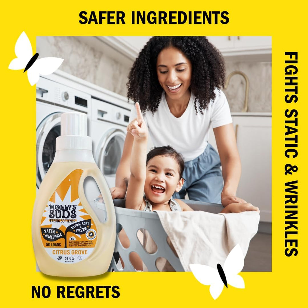 Molly’s Suds Fabric Softener Liquid for Sensitive Skin | Vinegar-Powered, Infused with Essential Oils | Fights Static, Reduces Wrinkles, Deodorizes | Citrus Grove, 50 Loads