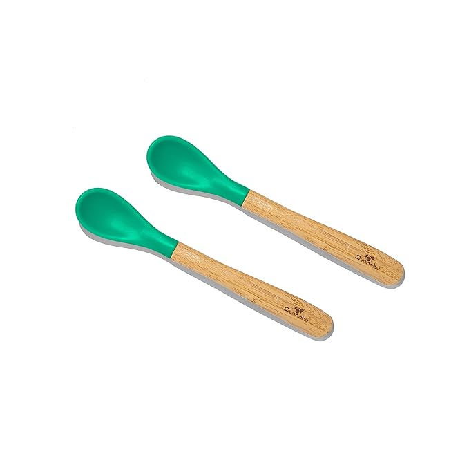 Avanchy Bamboo & Silicone Infant Training Spoons, BPA Free - Soft Tip, Easy on Gums, First Stage Feeding Utensils for Baby-Led Weaning, Self-Feeding, Green
