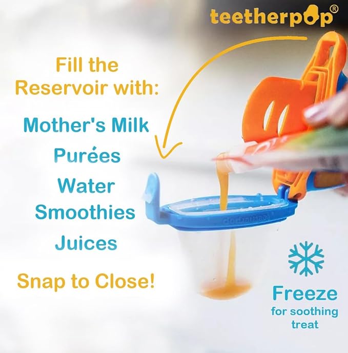 Teetherpop Fillable Silicone Teether for Babies – Breastmilk Popsicle Molds for Teething with Spill-Proof Sippy Slits – Freezable Baby Teethers for Liquids & Purées - Cooling Teething Relief -BlueLime