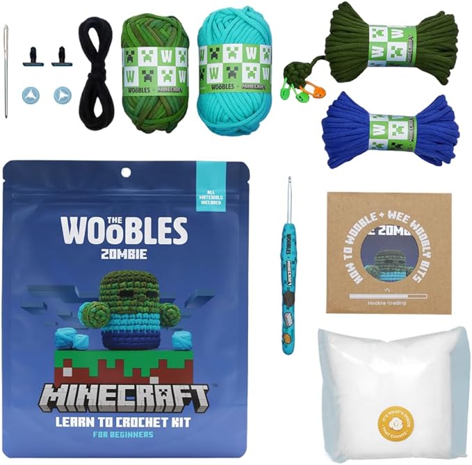 The Woobles Minecraft Crochet Kit – Beginner Crochet Kit for Adults & Kids, Easy Knitting Kit with Woobles Yarn, DIY Crafts, Crochet Animals, Minecraft Toys, Gift for Gamers & Crafters (Zombie)