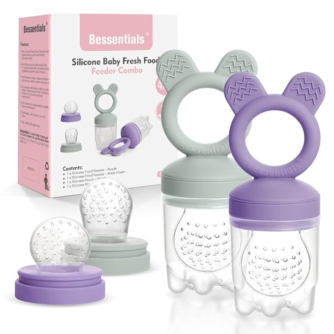 Bessentials Baby Fresh Fruit Food Feeder - 2 Pack Silicone Baby Mesh Feeders for Infant Safe Self Feeding |3 Sizes Food Pouches Included| Suitable for Baby 4m+（ Purple+Misty Green）