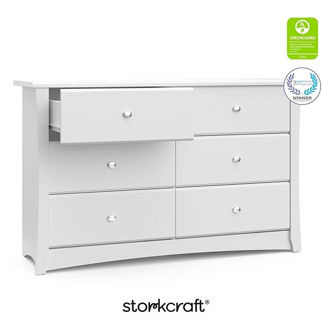 Storkcraft Crescent 6 Drawer Double Dresser (White) – GREENGUARD Gold Certified, Nursery Dresser for Kids Bedroom