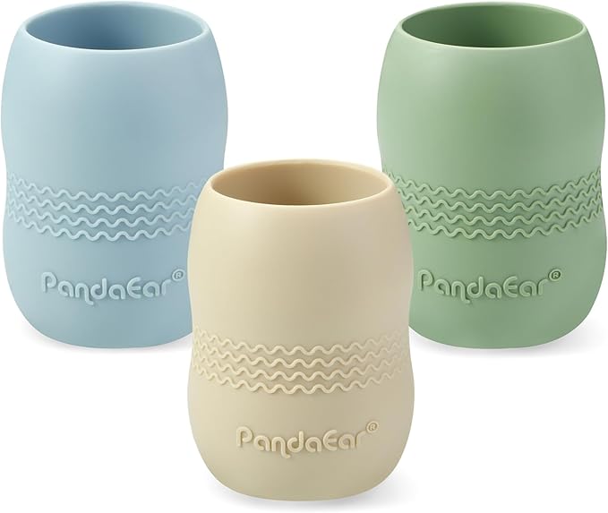 PandaEar 3 Pack 100% Tiny Silicone Drinking Training Cup for Baby and Toddler, Tiny Open Cups for Infants (Blue/Green/Tan)