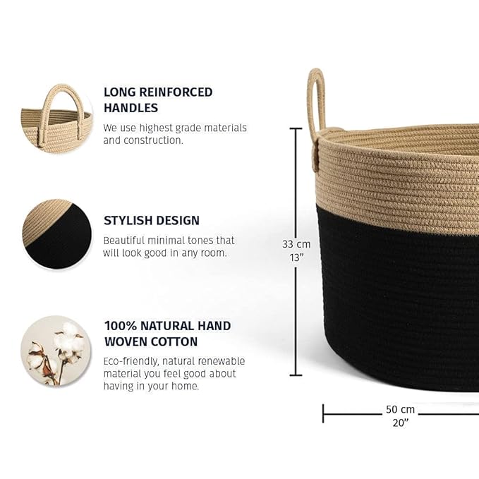 OrganiHaus Woven Laundry Basket, Large Cotton Rope Blanket Holder with Handles, Soft & Sturdy Nursery Hamper, Decorative Toy Bin for Living Room Organization 20x13 inches - Black/Honey