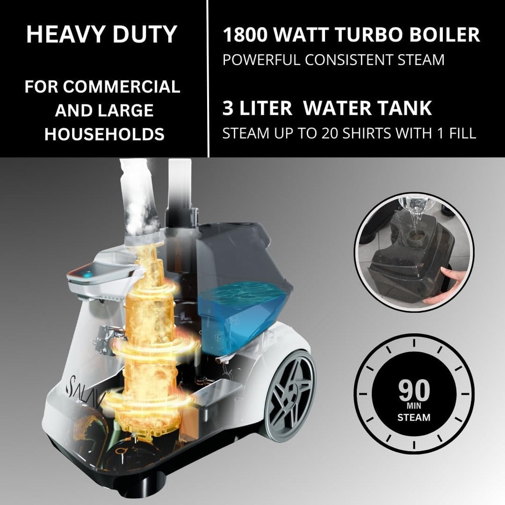 SALAV Heavy Duty Commercial Full-Size Garment Steamer with Foot Pedals and Extra Large 3L (101.5 oz) Water Tank, 1800 watts, 90+min of Continuous Steam (White)