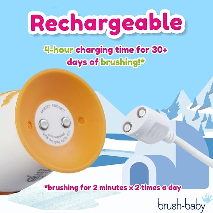 brush-baby WildOnes Kids Electric Rechargeable Toothbrush Penguin, 1 Handle, 3 Brush Heads, USB Charging Cable, for Ages 0-10 (Penguin)