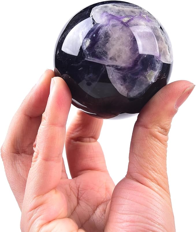 JIC Gem Natural Colorful Fluorite Crystal Sphere Decorative Ball with Wooden Stand Meditation Balls for Witchcraft Reiki Healing Gift 50-60mm