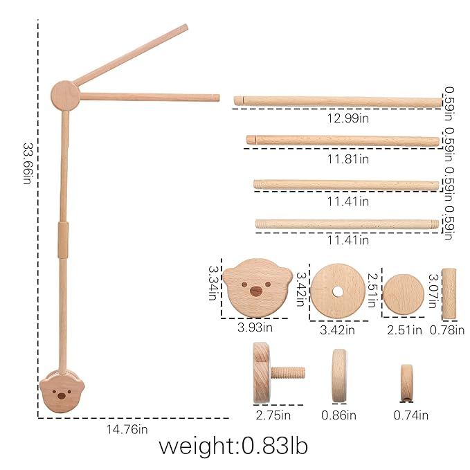 Wooden Crib Mobile Arm | Crib Mobile Holder | Nursery Mobile Hanger Cartoon Bear | Rotatable Height Adjustable Hanging Fits Wide or Thick Railings Baby Shower Gift Nursery Decoration