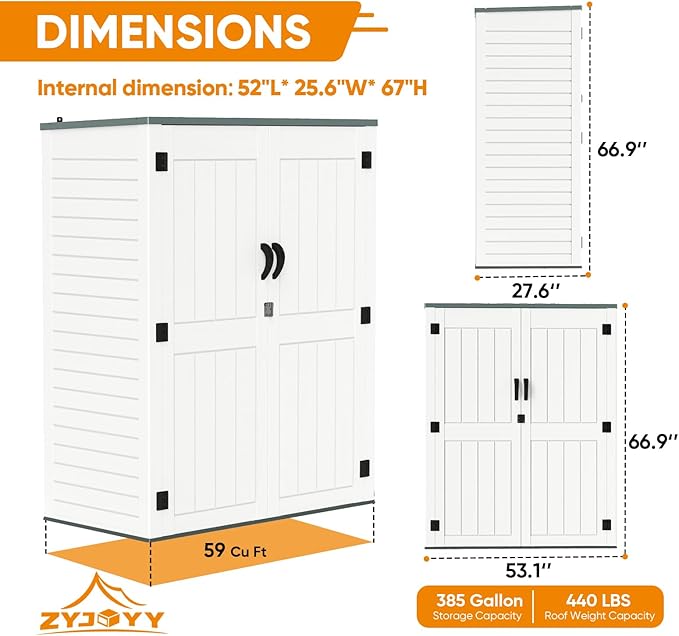 4.5 x 5.7 FT Outdoor Storage Shed, 59 Cuft Outside Waterproof Storage Cabinet, HDPE Resin Plastic 385 Gallon Outdoor Storage Container, Vertical Lockable Storage Shed, Light Grey