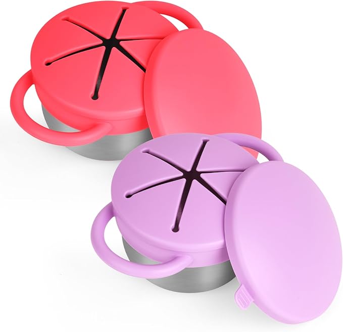 2 Pack Snack Cups for Toddlers Spill Proof - Detachable Stainless Steel Toddler Snack Cups with Silicone Lids & Handles - Dishwasher Safe Baby Snack Containers for Mess-Free Snacking (Red and Purple)