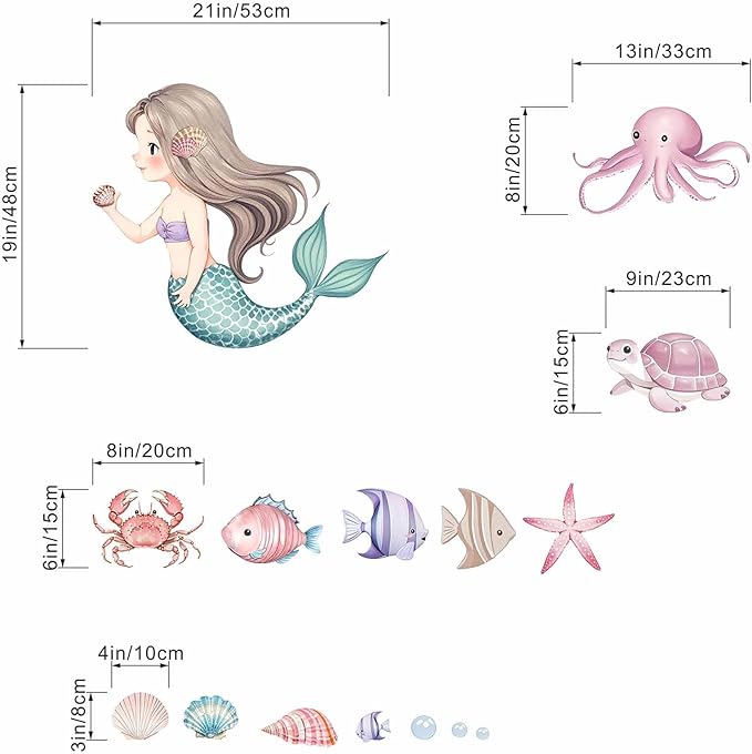 Mermaid Wall Stickers for Girls Bedroom: Peel and Stick Under The Sea Turtle Marine Ocean Fish Starfish Shell Wall Decals - Baby Nursery Girl Room Toddler Room - Kids Supplies Ages 1-12 Year