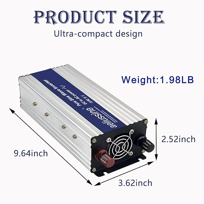 600W Pure Sine Wave Inverter-12V DC to 110V 120V AC Power Converter with 2 AC Outlets, 12 Volt Power Inverter for Truck, Rv, Camping, Home, Emergency Power