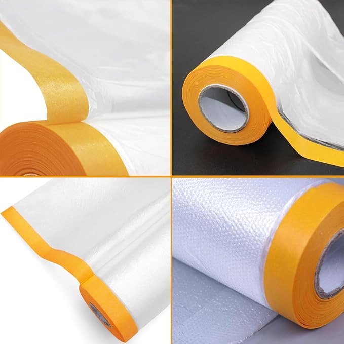 6 Pack Protective Masking Film with Tape 3.6/5/6 x 65 Ft Car Painters Plastic Sheeting Roll Tape and Drape Masking Film for Automotive Painting Covering Furniture, Auto Body, 3 Size
