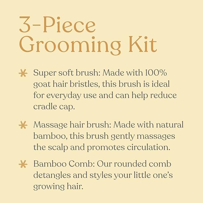 Natural Bamboo Hair Brush & Comb Set, 3 Piece - Cradle Cap Brush, Massage Hair Brush, Bamboo Comb for Toddlers, Newborns & Infants I Baby Registry Gift