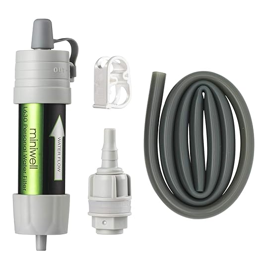 Miniwell Gravity Water Filter Straw - Ultralight, Versatile Hiker Filter with Bucket Connector (Grey)