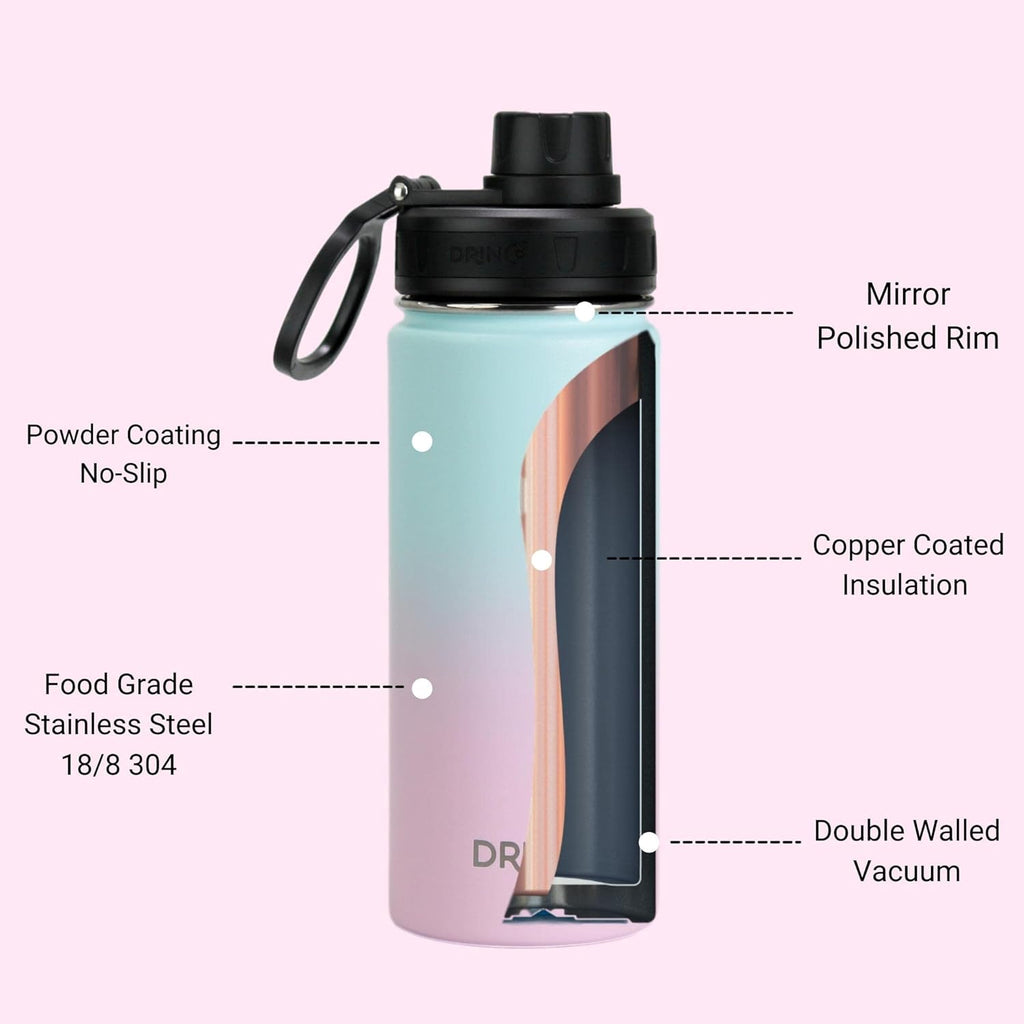 DRINCO Stainless Steel Water Bottle Spout Lid Vacuum Insulated Double Wall Water Bottle Wide Mouth (40oz 32oz 22oz 18oz 14oz) Leak Proof Keeps Cold or Hot (18 oz, 18oz Macaron)