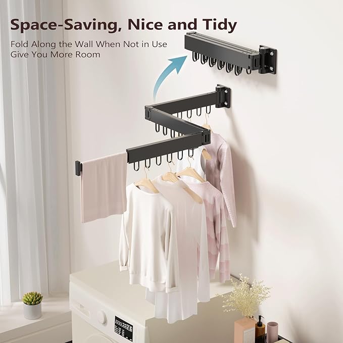 JAUREE Clothes Drying Rack Wall Mounted, Laundry Drying Rack Collapsible, Space Saving Wall Drying Rack Clothing Foldable, Tri-Fold Retractable Rack Outdoor Indoor with 18 Hooks, Black
