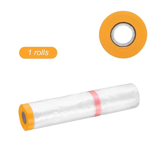 HARFINGTON Pre-Taped Masking Film 177.2" x65.6ft Double Adhesive Tape and Drape Painters Plastic Drop Cloth Film with Tape Plastic Sheeting for Automotive Painting Covering