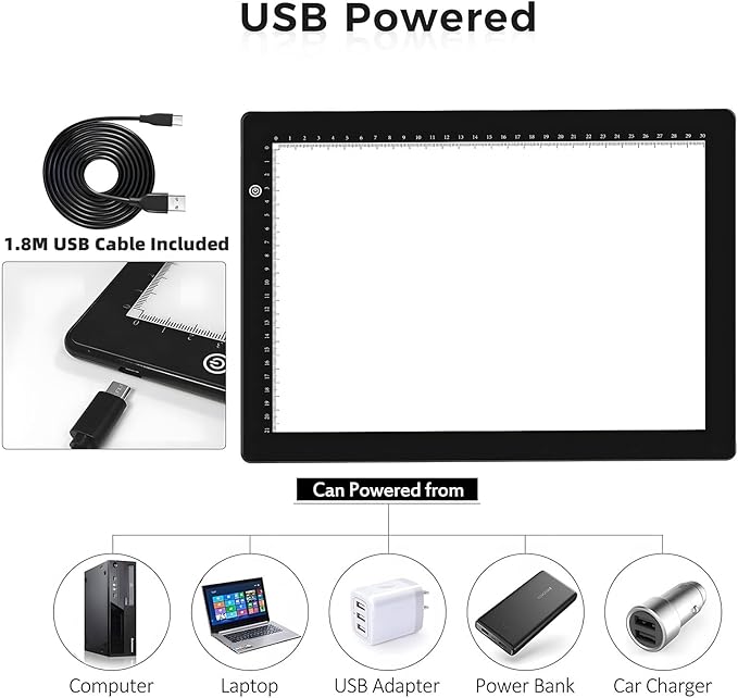 HIUKCOLED A4 Light Tracing Box with 4 Pcs Clips, Stepless Adjustable Brightness Ultra-Thin Light Pad, USB Powered LED Light Board for Drawing,Diamond Painting,Sketching,Animation,X-Ray,Sand Painting