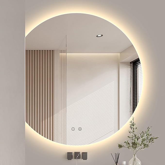 Bathroom Mirror, Vanity Mirror, Wall Mounted Mirror with LED Light and Demister Pad, 3-Color Dimmable Semi-Circle Mirror, Left/Right Cut(Right,35.4 * 39.4in/90 * 100cm)