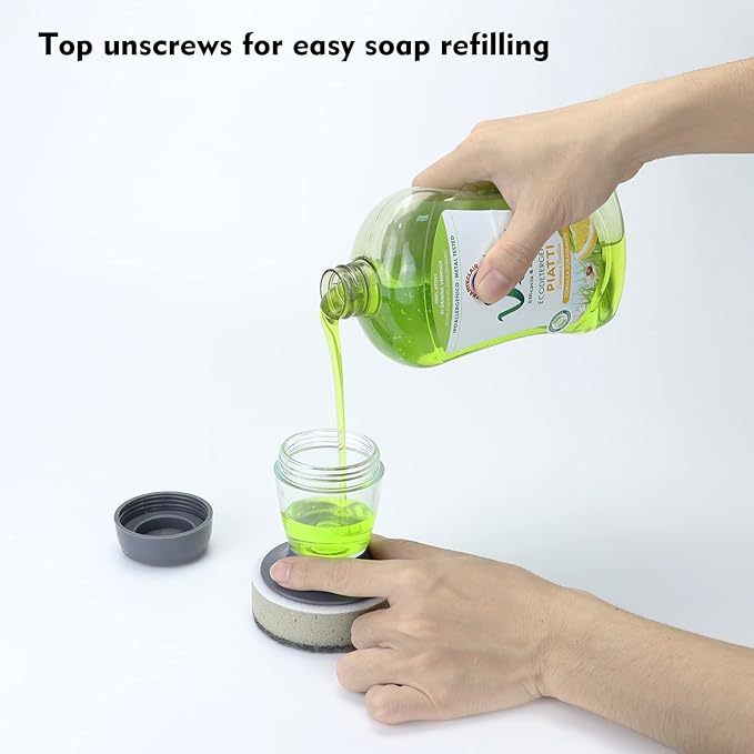 Dish Brush with Soap Dispenser, Kitchen Scrub Brush for Dishes Pots Pans Sink Cleaning, Scrub Sponge Dish Scrubber with Holder Set (Grey Handle & Scrub Sponge)