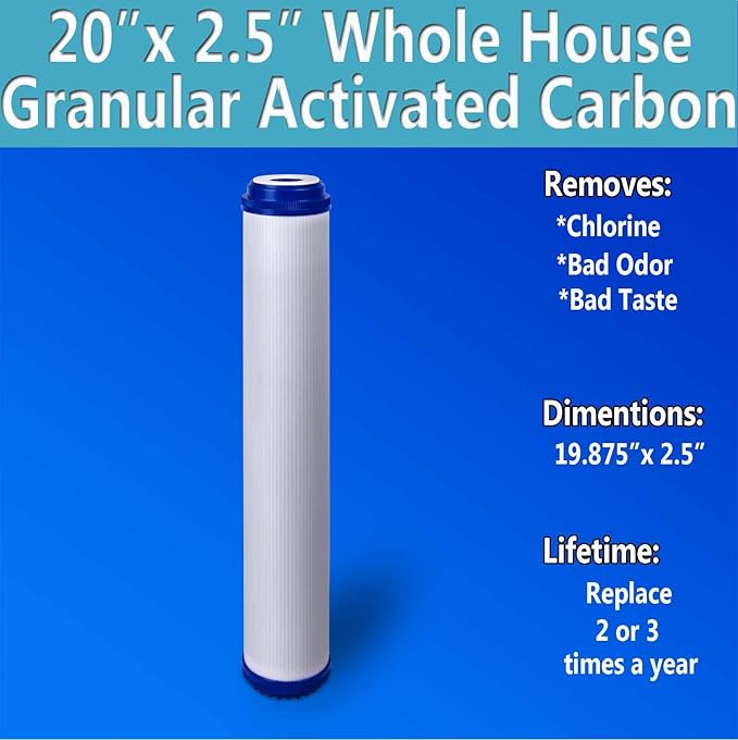 Standard Whole House Coconut Shell Granular Activated Carbon Water Filter 20” x 2.5” Fits 20” x 2.5” Housings. Remove Chlorine and Bad Odor. Compatible with EP-20, HX-CB-25-2010, F3WCB32 Pack of 2