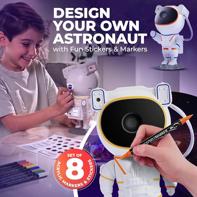 Color My Astronaut Galaxy Projector - DIY Spaceman Night Light with Acrylic Markers Kit & Space Stickers - Paint Your Own Lamp - Arts and Craft for Kids Ages 4-8 - Unique Gift for 5-10 Year Old Boys