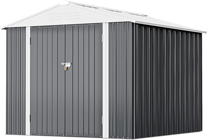 Greesum 8x6FT Outdoor Storage Shed, Utility Tool Shed Metal Storage Garden Shed with Door & Lock for Patio Storage, Gray