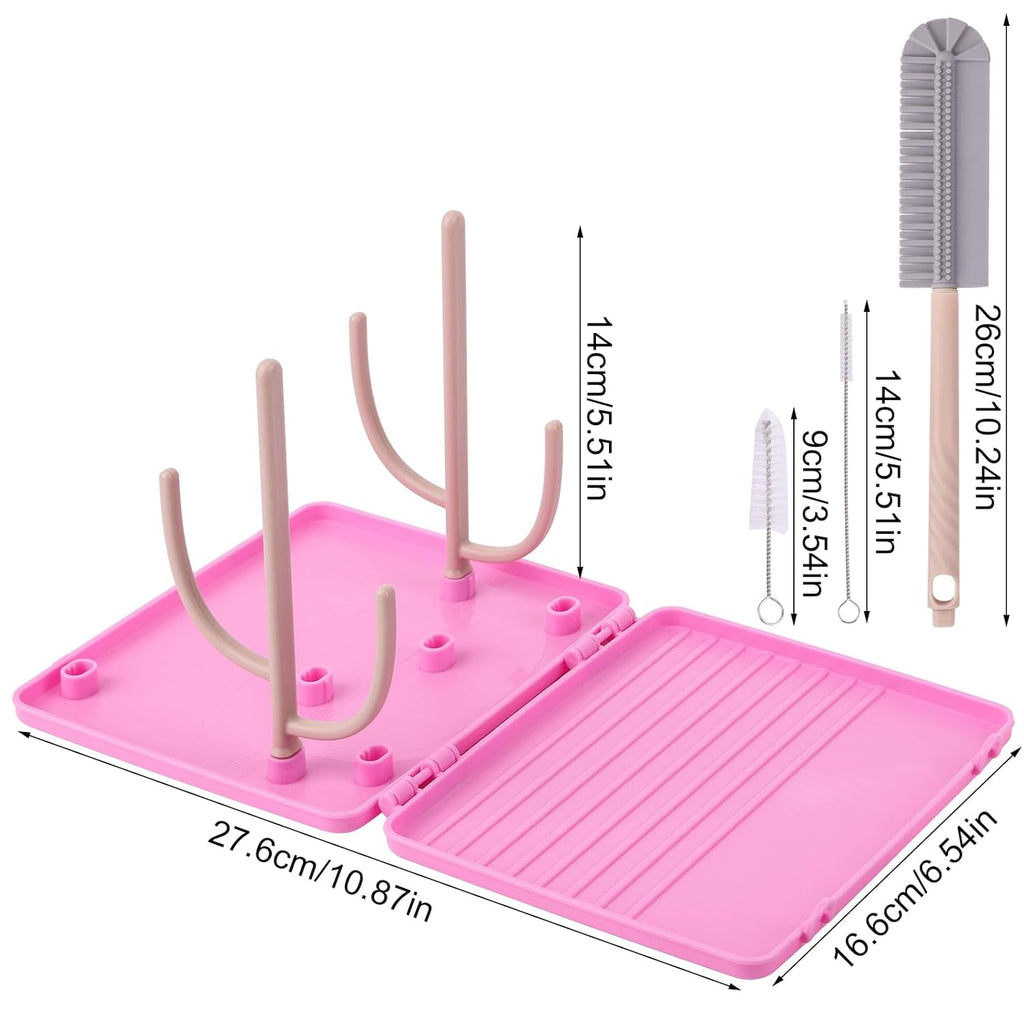 Baby Bottle Drying Rack -Travel Baby Bottle Drying Rack Set, Cleaner Kit with Silicone Bottle Brush,Straw Brush, Suitable for Home use or Traveling with Babies (Pink)