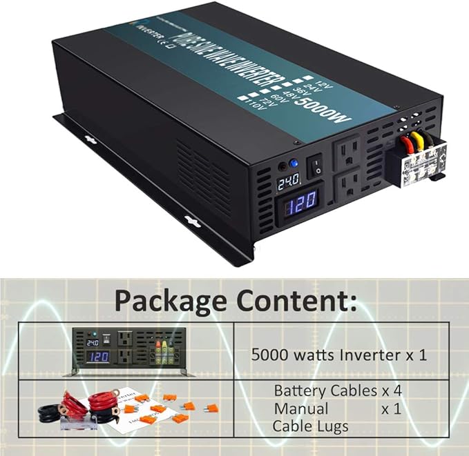 WZRELB Pure Sine Wave 5000W (10000W Surge) 24V Power Inverter DC to AC Power - Solar, RV, RBP-S500024